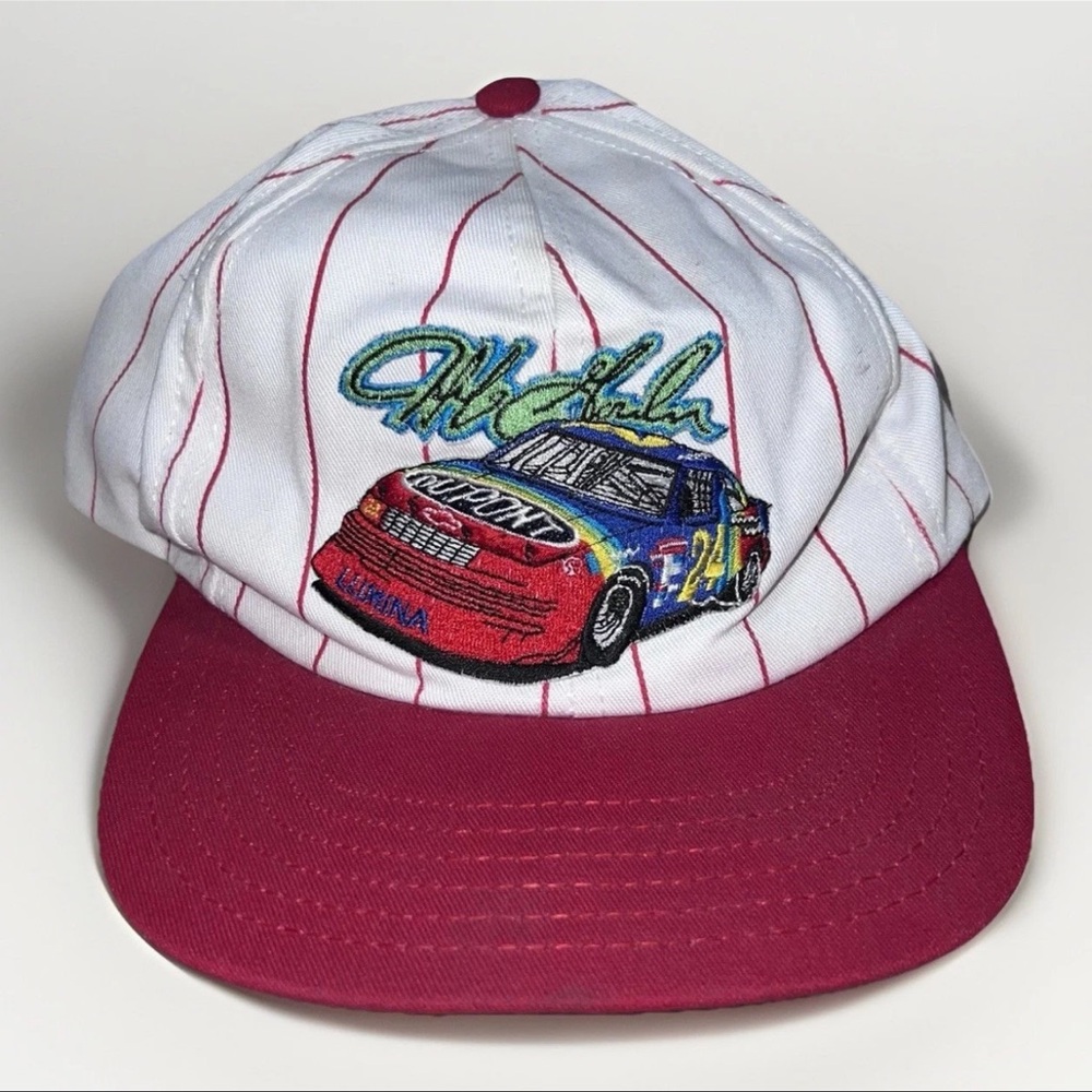 Vintage 90s Jeff Gordon DuPont # 24 Snapback Hat NASCAR Pinstripes White Red USA